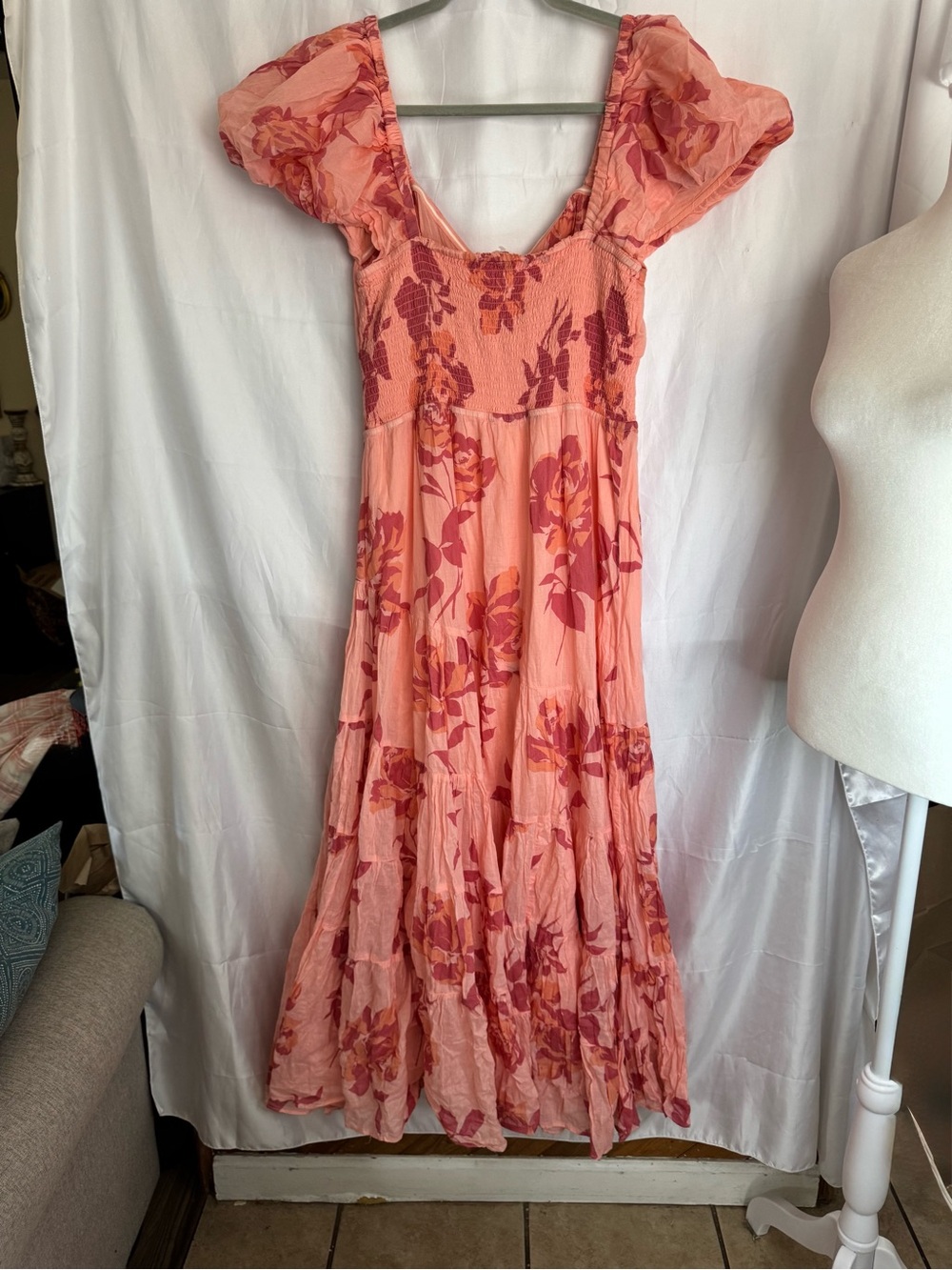 Free People Pink Floral Puff Sleeve Maxi Dress - Size XL - Picture 5 of 7